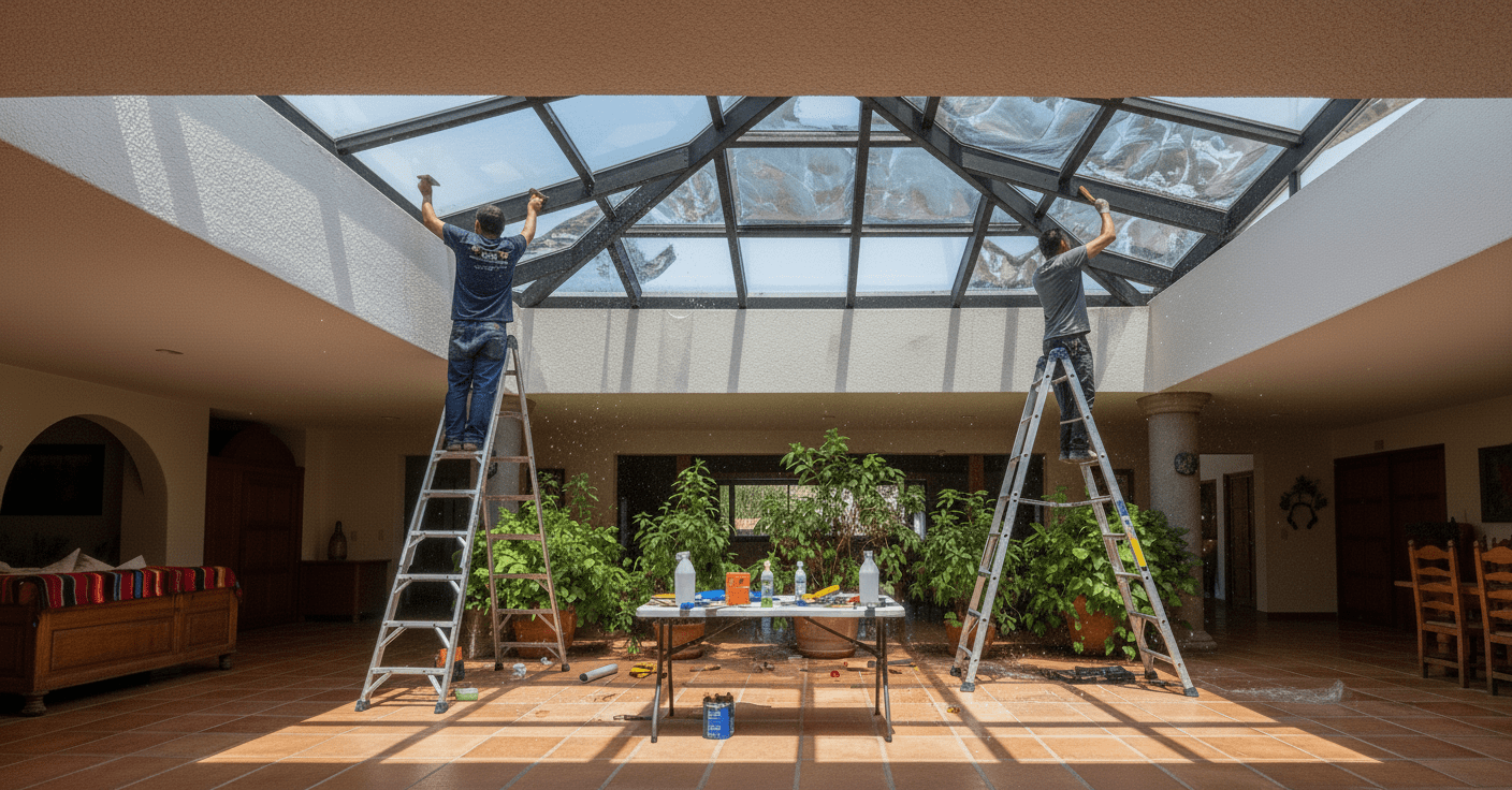 Pelicula Vidrio Templado 2 Técnico instalando película de control solar para ventanas
