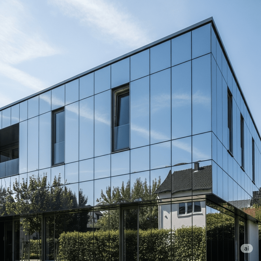 Pelicula Reflecta Plata 1 Fachada moderna con ventanas cubiertas por película reflectiva color plata. Reflejo intenso del cielo y entorno, efecto espejo desde el exterior. Ideal para reducir calor solar y mantener privacidad en climas soleados.