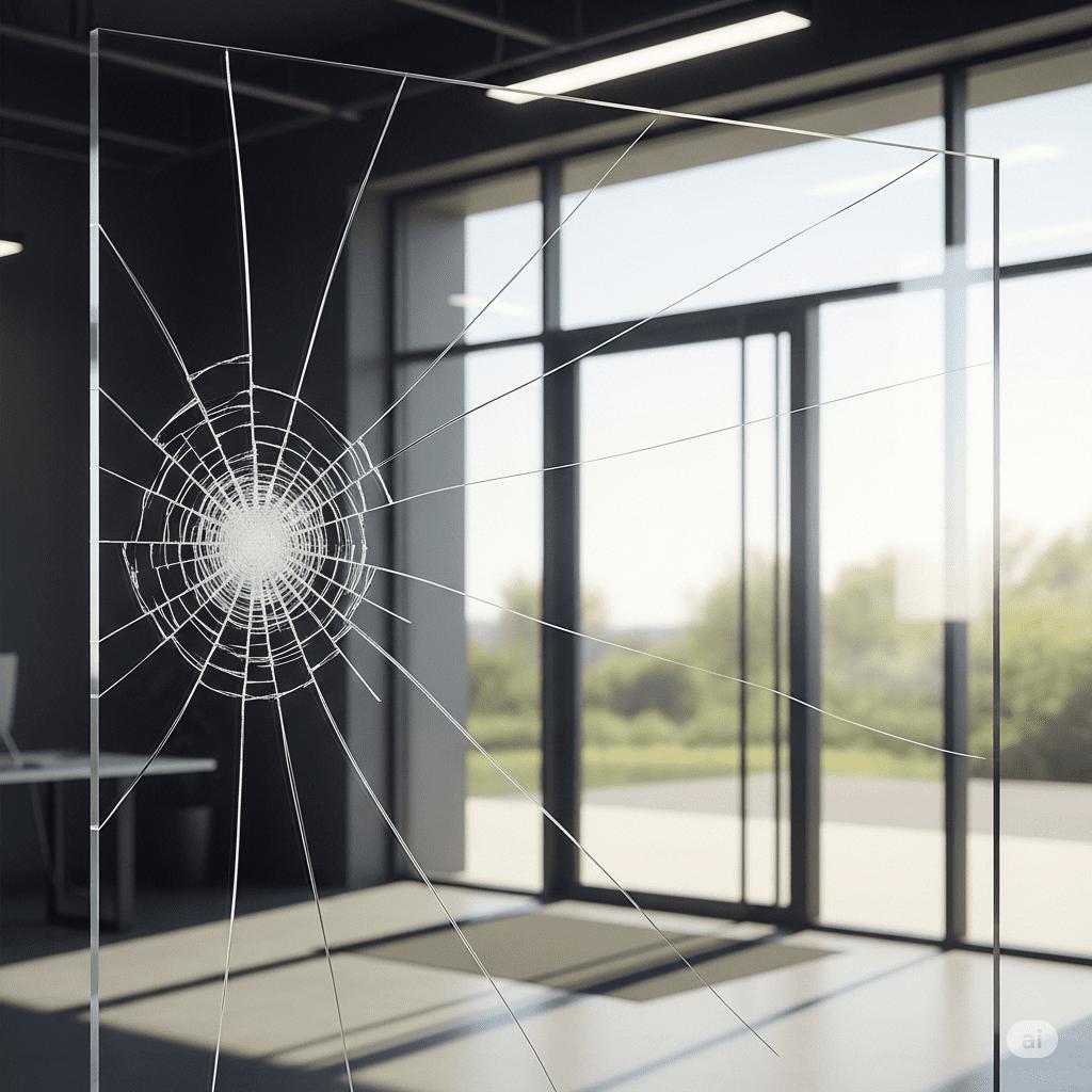Vidrio con película de seguridad mostrando grieta contenida tras impacto. Capa protectora que refuerza el cristal sin perder visibilidad. Ideal para puertas y ventanales en hogares u oficinas. Sensación de protección y tranquilidad.
