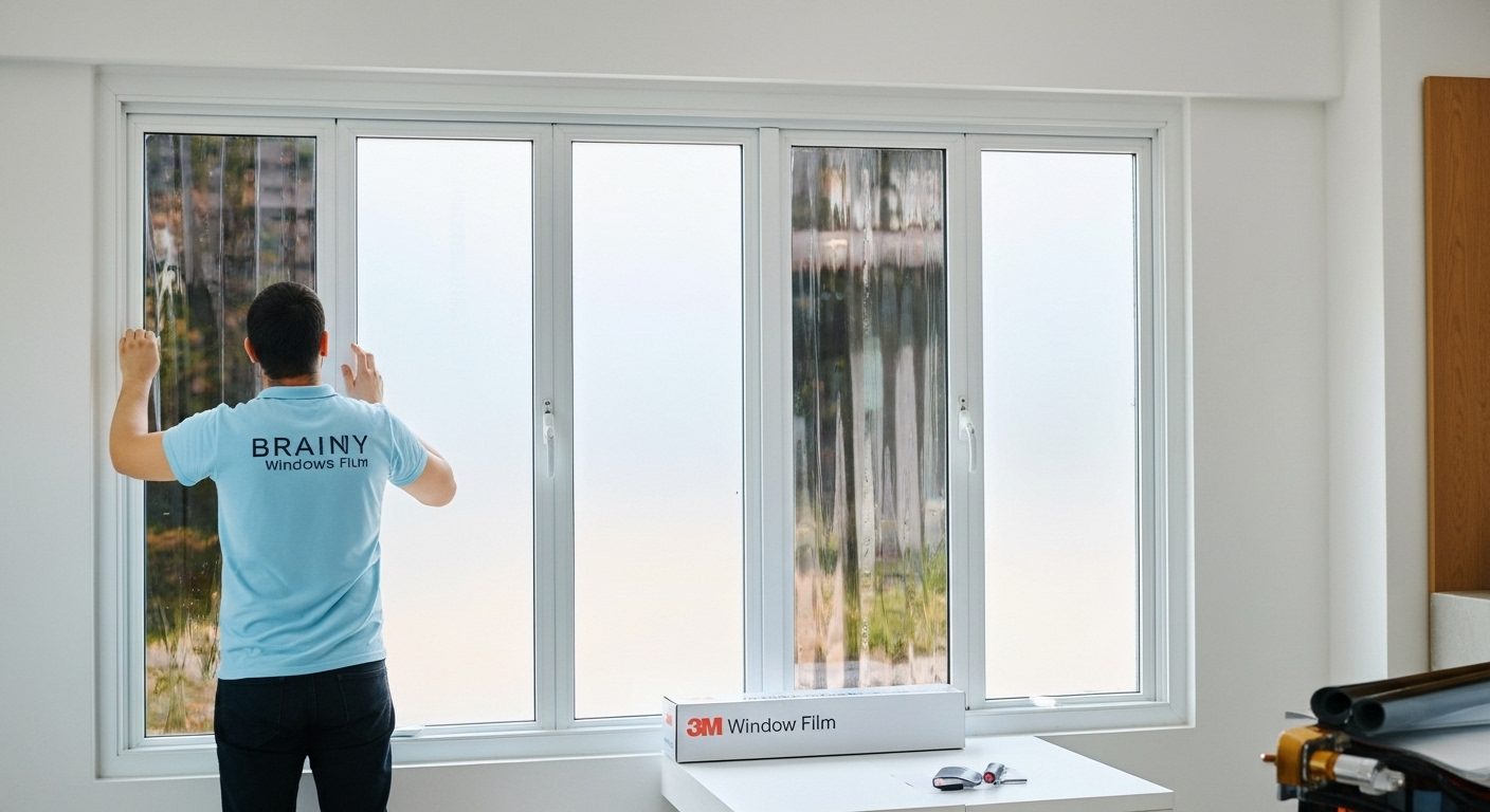 Técnico de Brainy Windows Film con chaleco de certificación 3M realizando una instalación