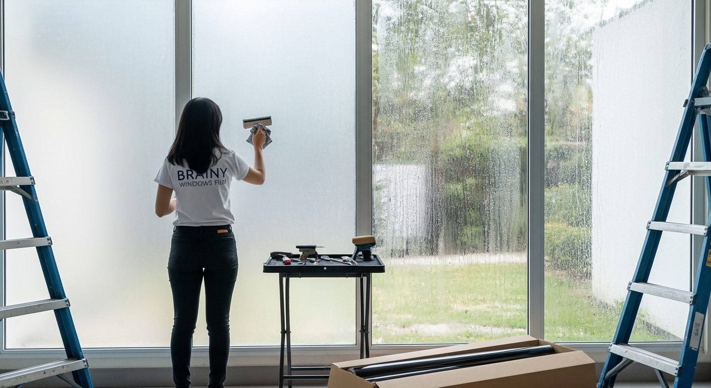 Instalación profesional de película de seguridad decorativa en clínica.