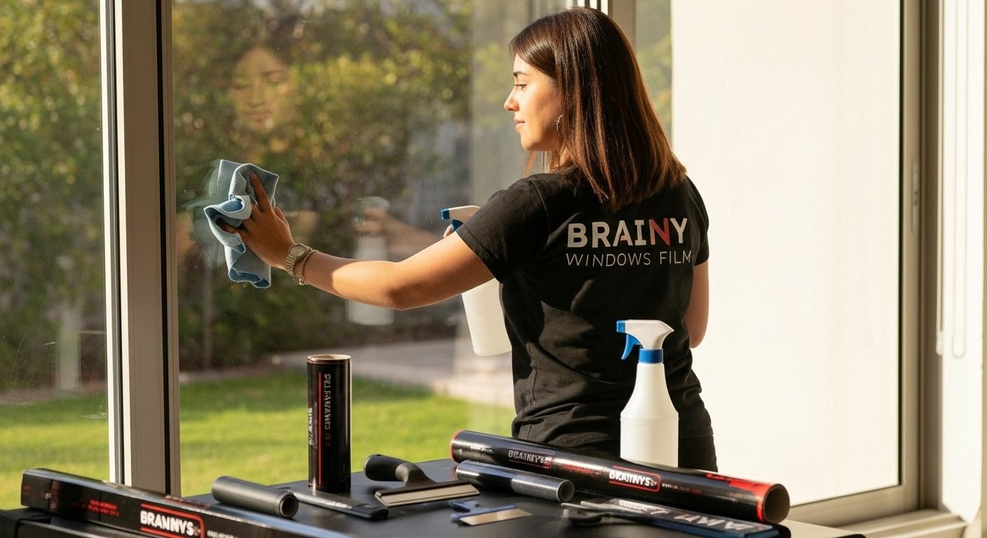Técnico realizando la instalación de película de seguridad en una ventana.