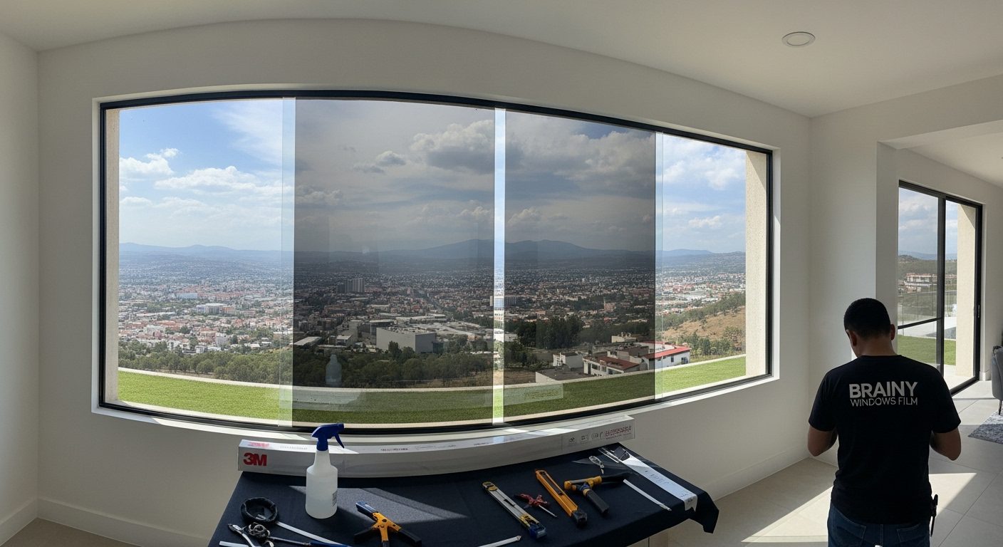 Técnico aplicando película de privacidad en la ventana de una casa.