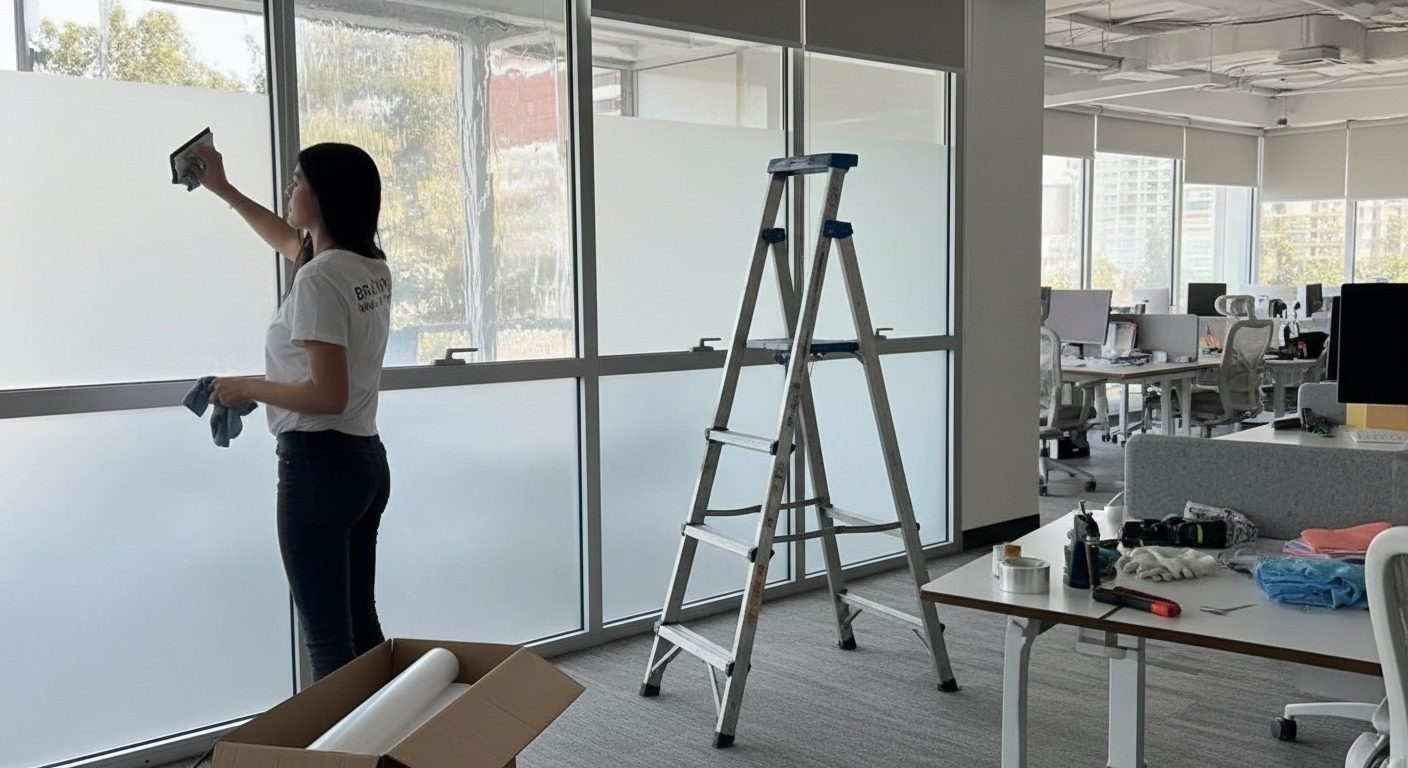 Instalación de polarizado anti calor en un ventanal de oficina.