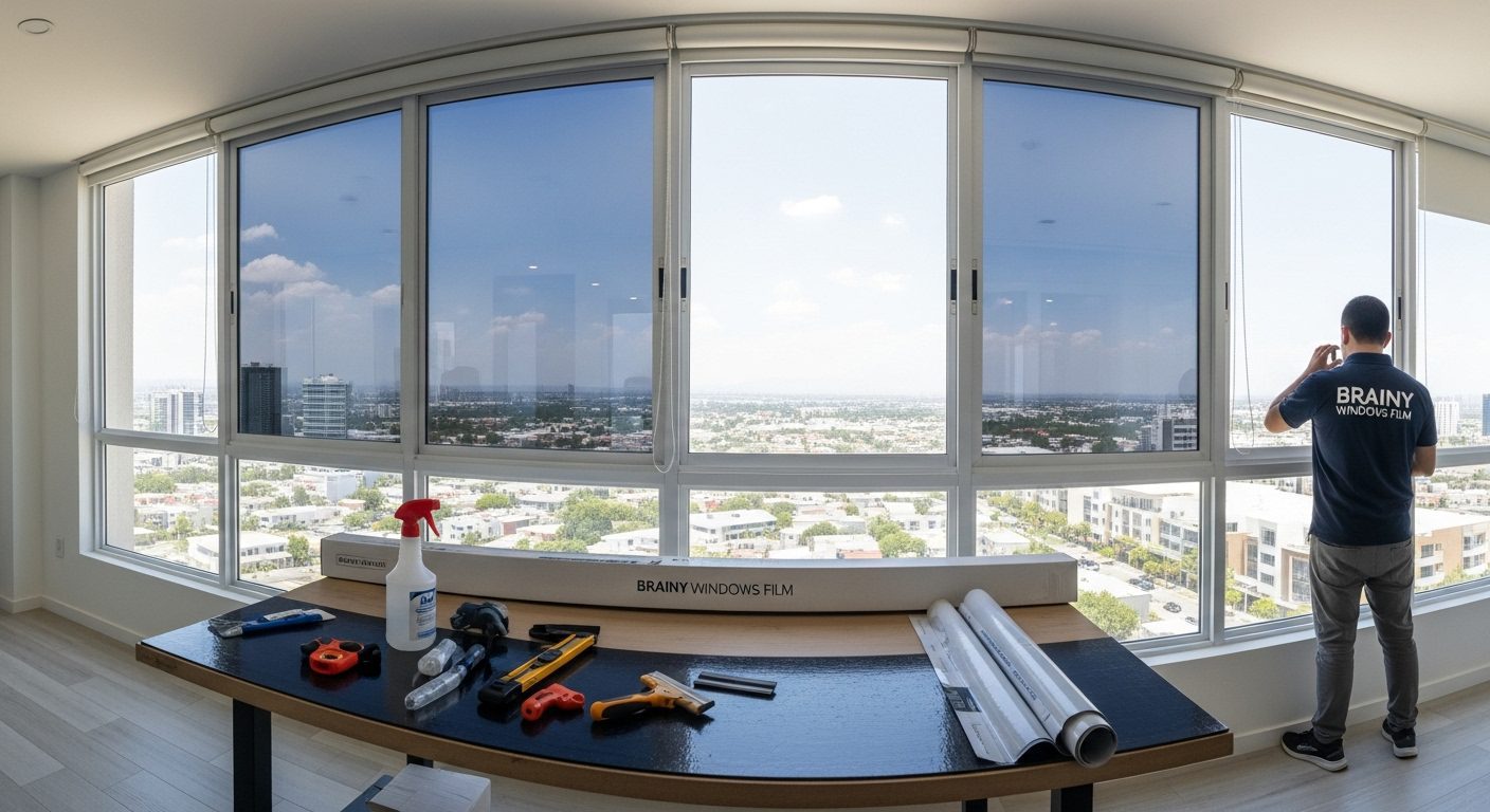 Instalador profesional aplicando película de seguridad 3M en una ventana residencial.