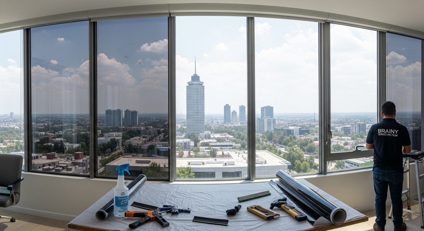 Técnico realizando la instalación de una película anti calor en un ventanal residencial.