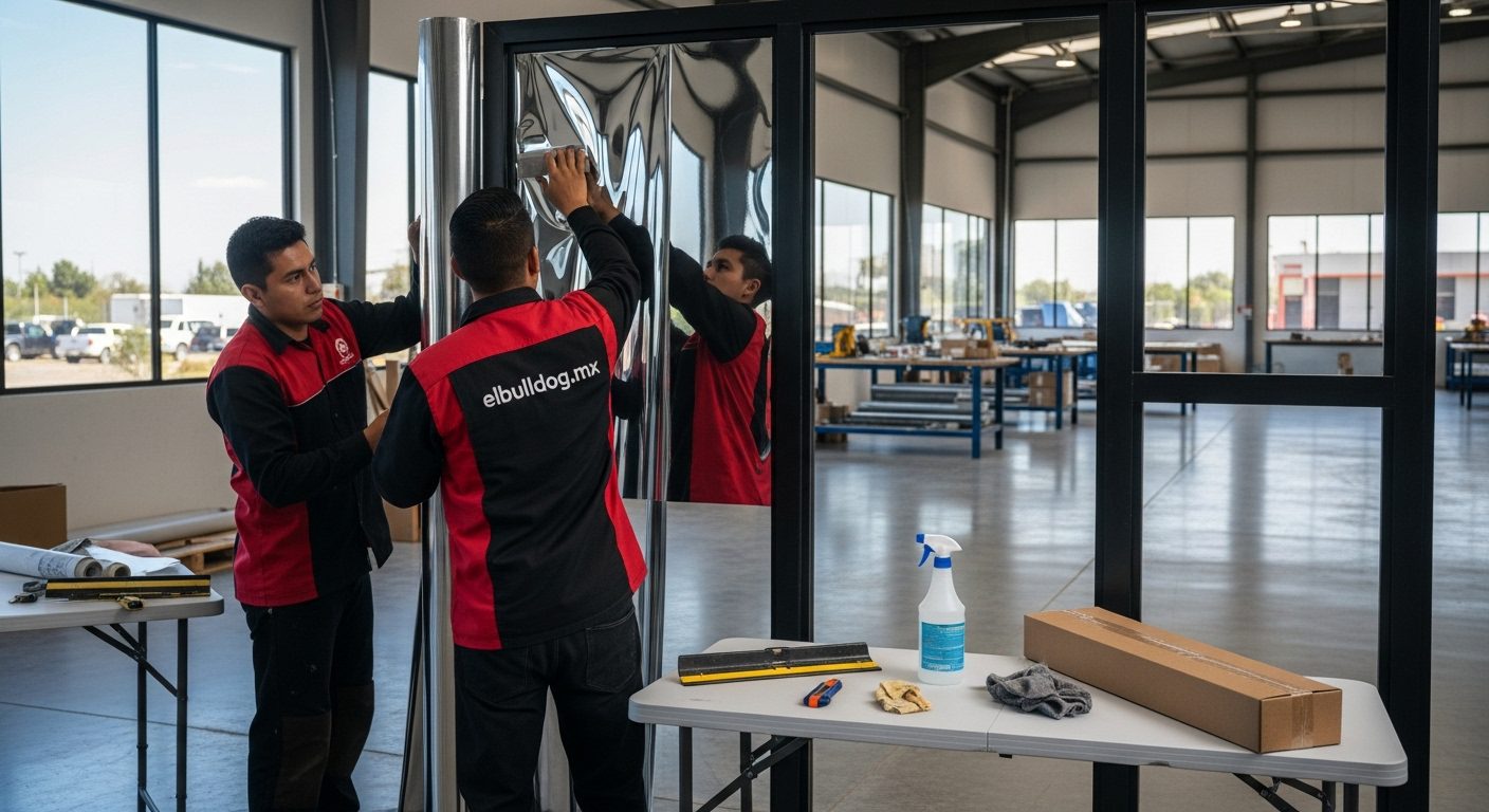 Técnico aplicando película de seguridad y control solar en una ventana residencial.