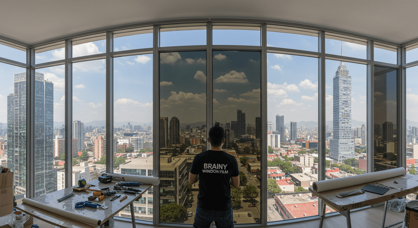 Técnico realizando la instalación de película de seguridad en edificio gubernamental