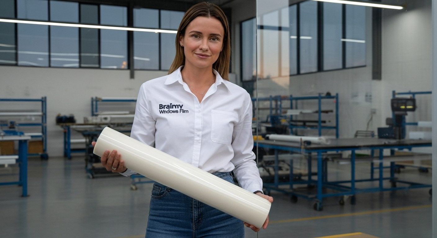 Instalación profesional de película de seguridad en grandes ventanales de fábrica.