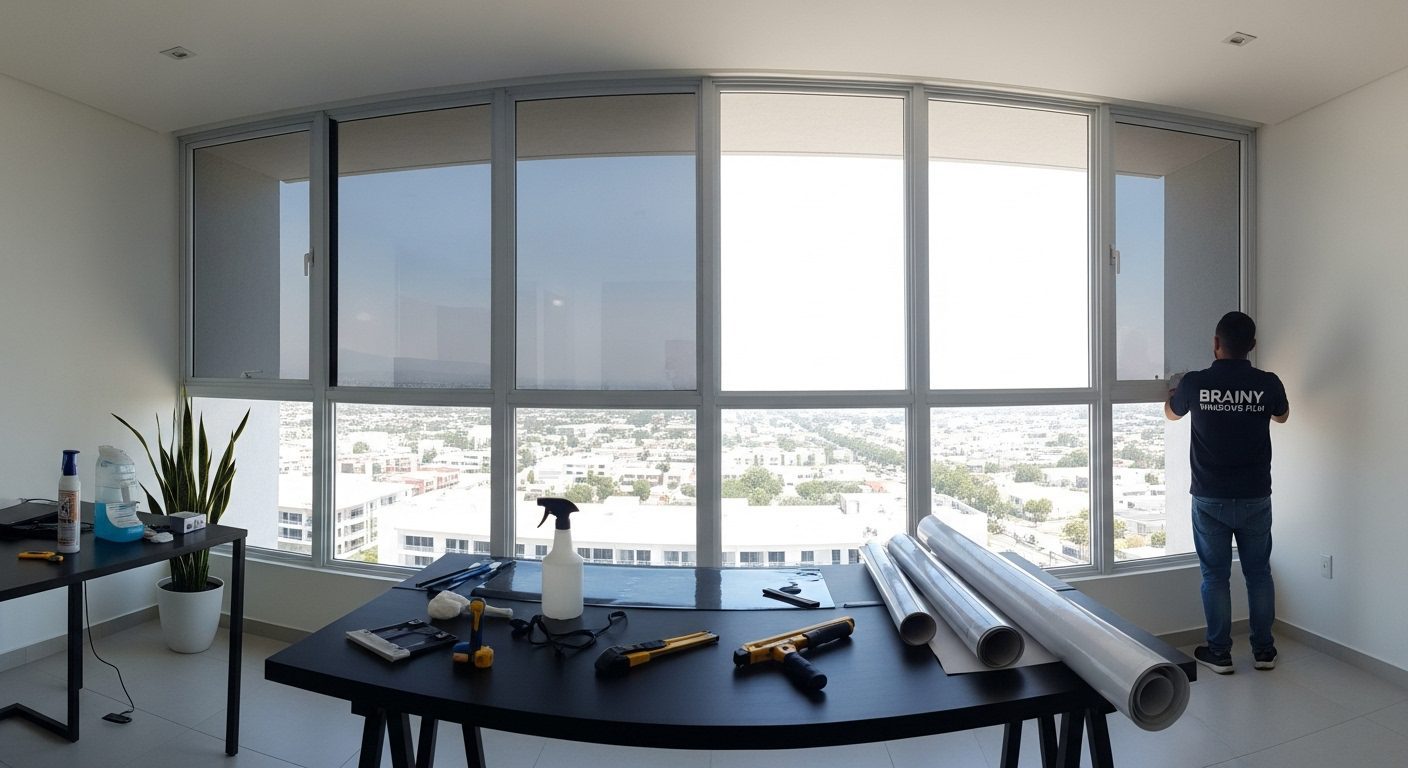 Interior de habitación de hotel de lujo con película de seguridad en ventana.