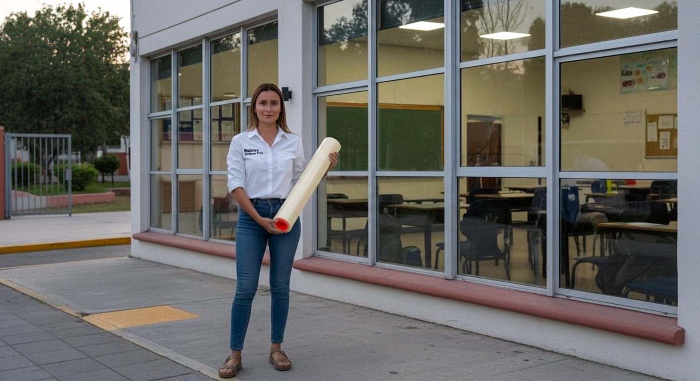 Película de seguridad 3M antiestallante en vidrios de bodega.