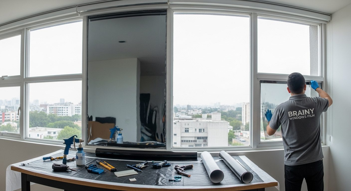 Instalador aplicando películas antisolares para ventanas de una casa