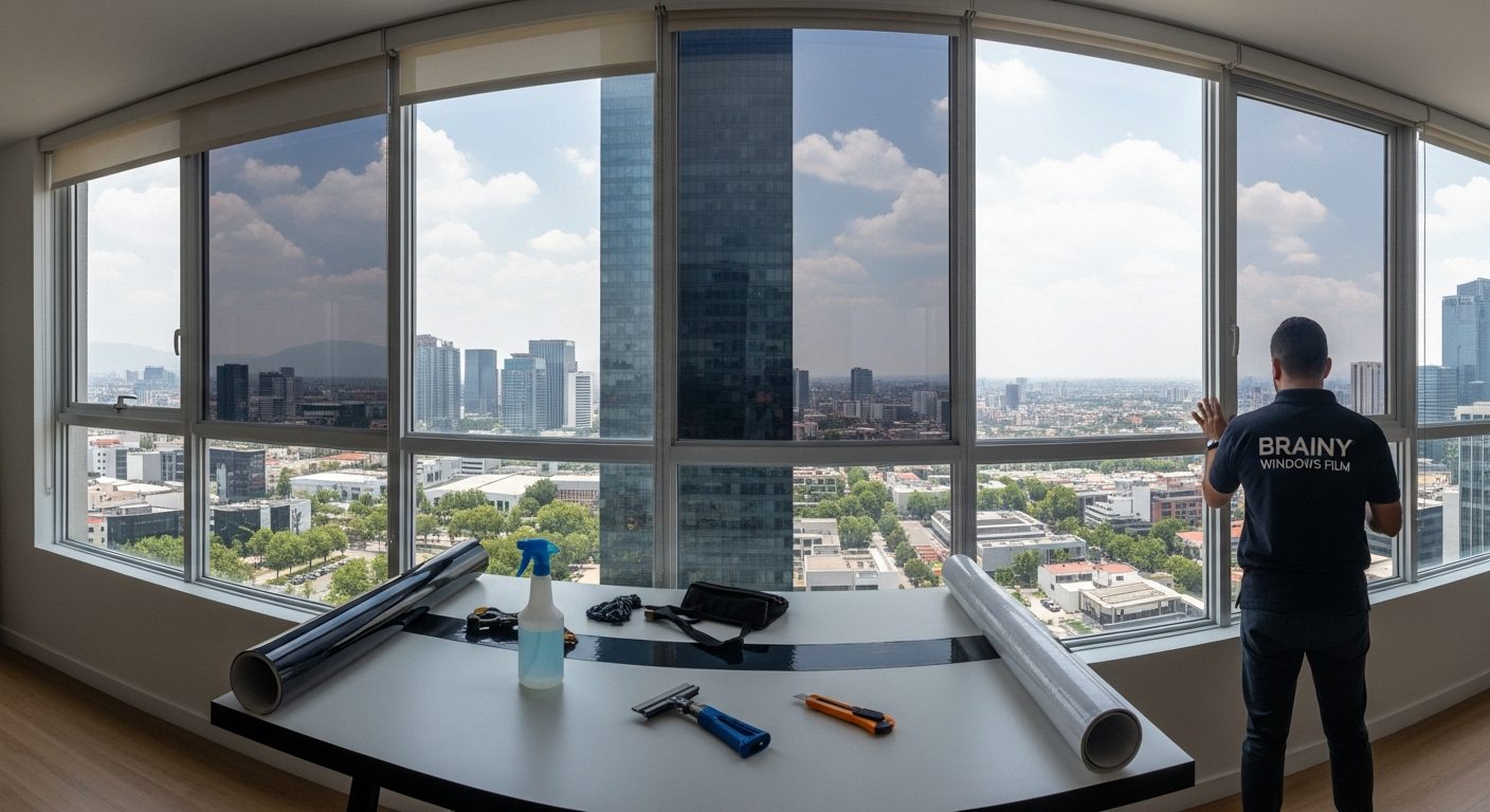 Vidrio roto pero mantenido en su lugar por la película de seguridad antiastillante, evitando accidentes.