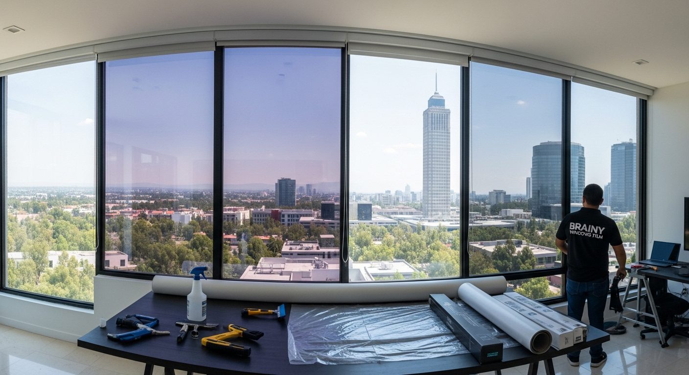 Oficina moderna en CDMX con grandes ventanales tratados con película de control solar para reducir el deslumbramiento en pantallas.