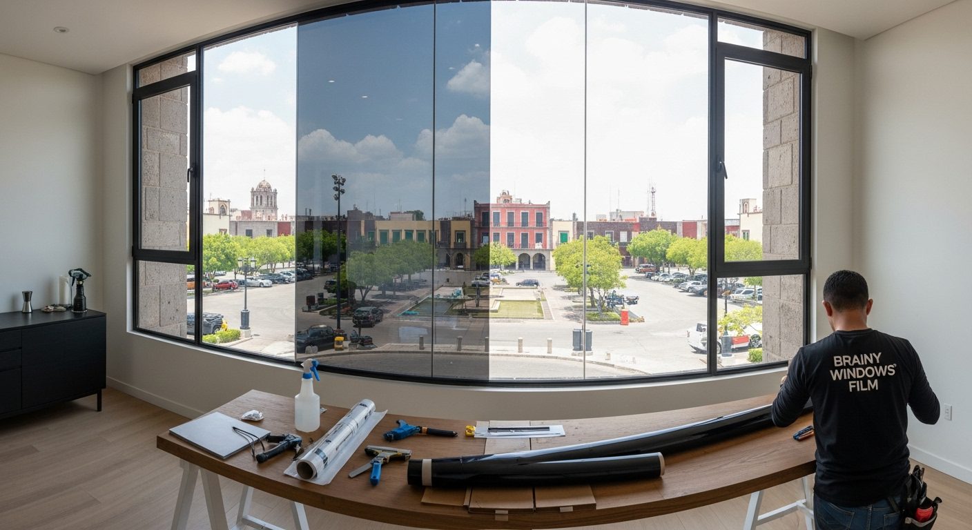 Ventana de departamento con película de privacidad tipo espejo que refleja el exterior.