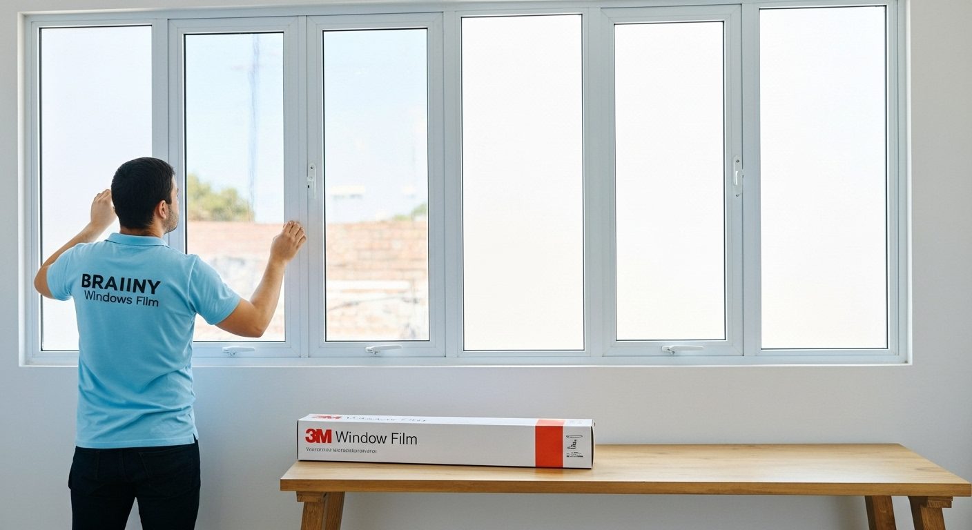 División de oficina con película de seguridad esmerilada.