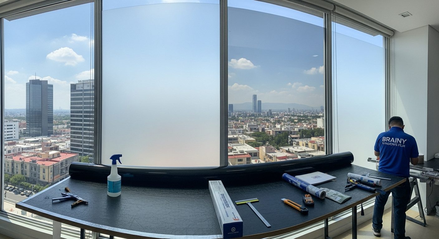 Instalación de película de seguridad 3M en vidrios de consultorio.