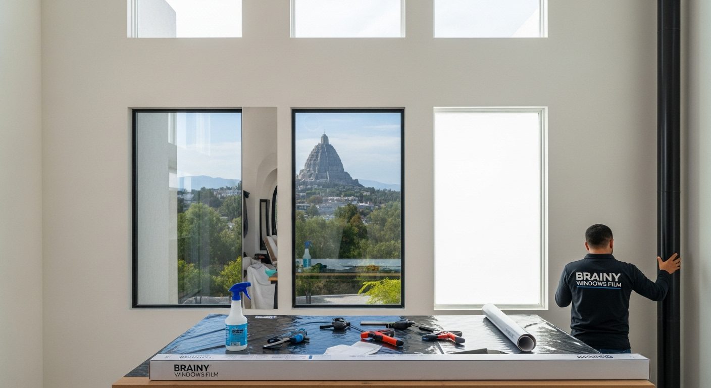 Vista desde afuera de una ventana con película espejo que refleja el exterior.