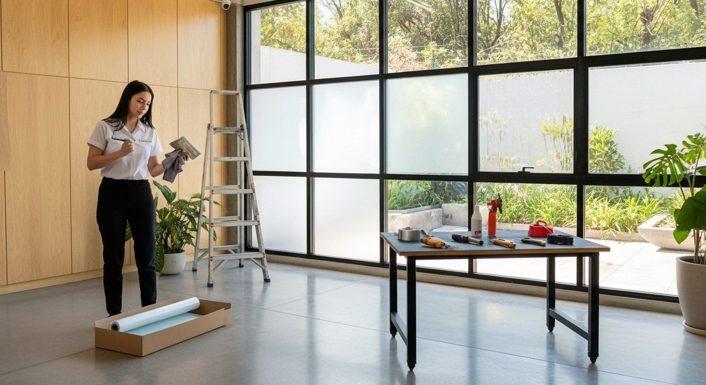 Película esmerilada 3M dando privacidad en un consultorio médico.