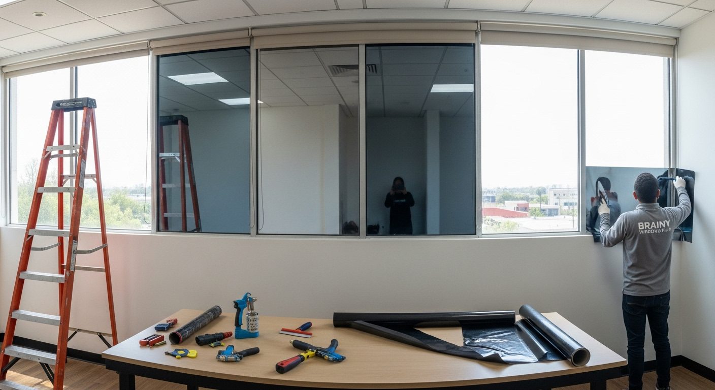 Vista exterior de planta industrial con película reflectiva para privacidad