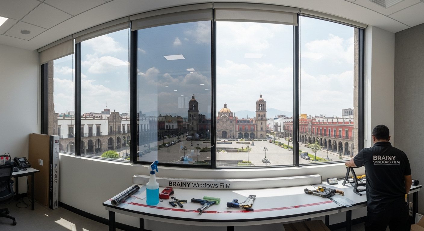 Instalación de película de seguridad y control solar en almacén.