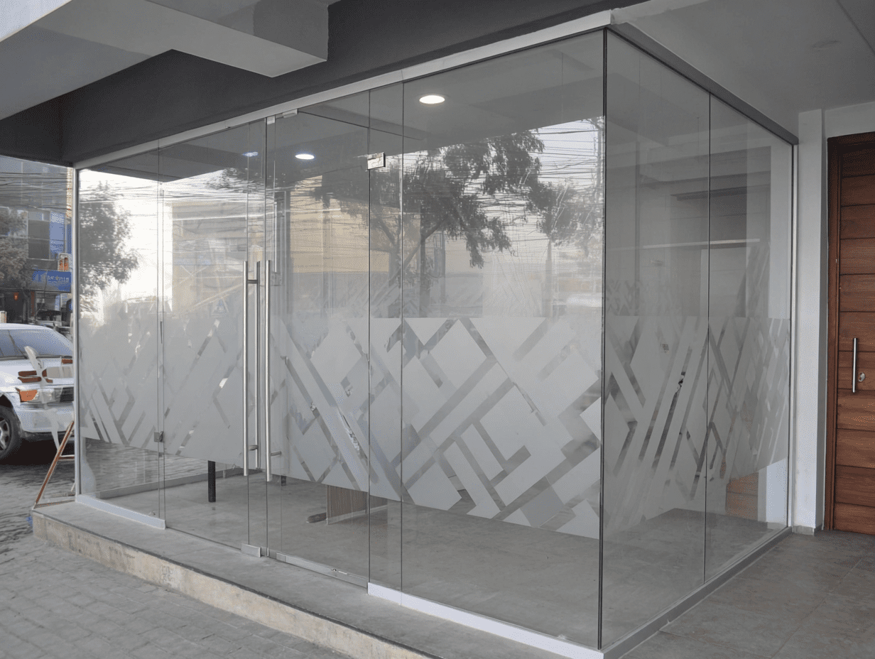 Técnicos instalando película de seguridad en grandes ventanales de terminal.