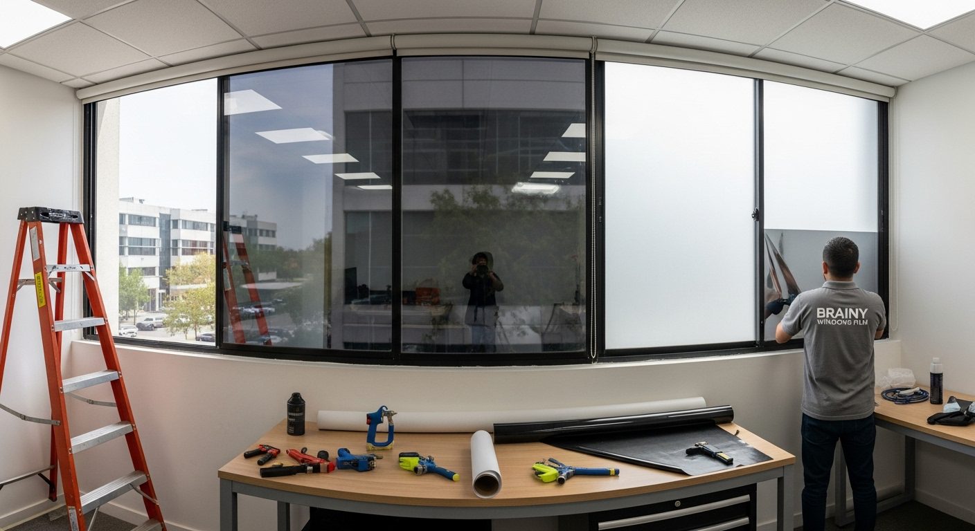 Ventanal de área productiva reforzado con película de seguridad transparente