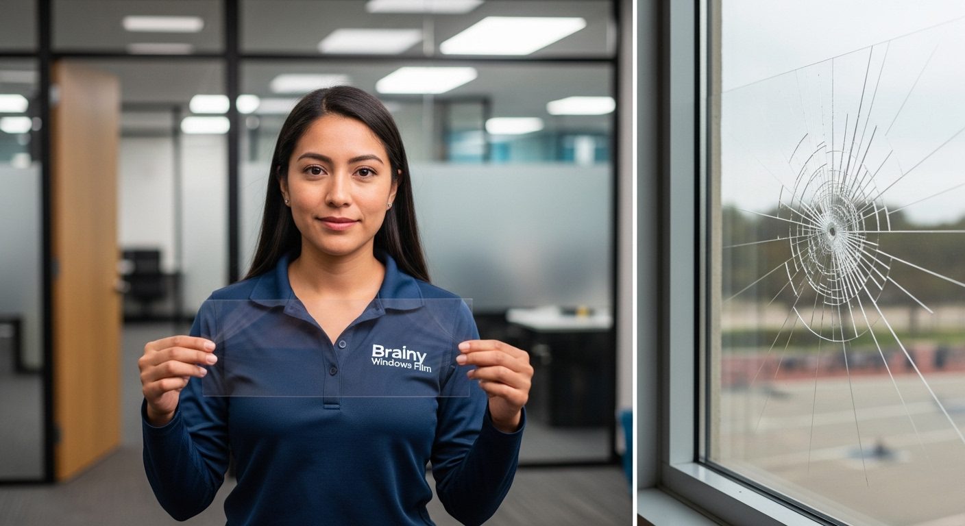 Fragmentos de vidrio contenidos por película antiestallante en un entorno industrial.