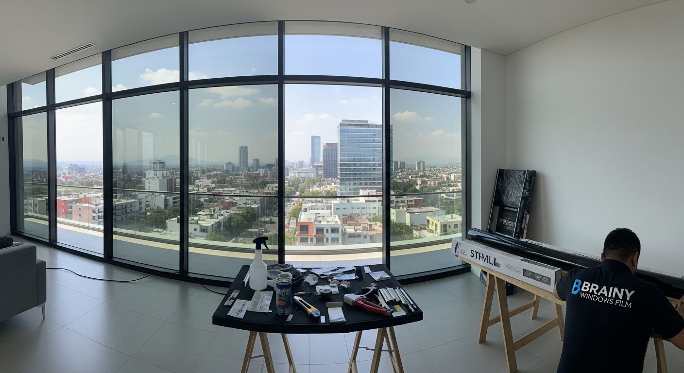 Vidrio de nave industrial reforzado con película de seguridad 4 micras.