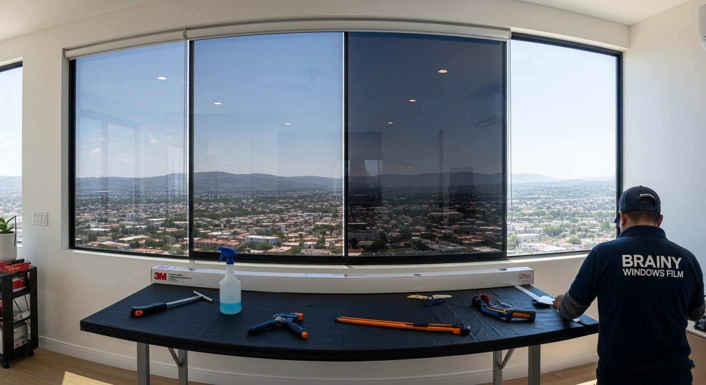 Personal de fábrica trabajando de forma segura junto a un vidrio protegido con película 3M